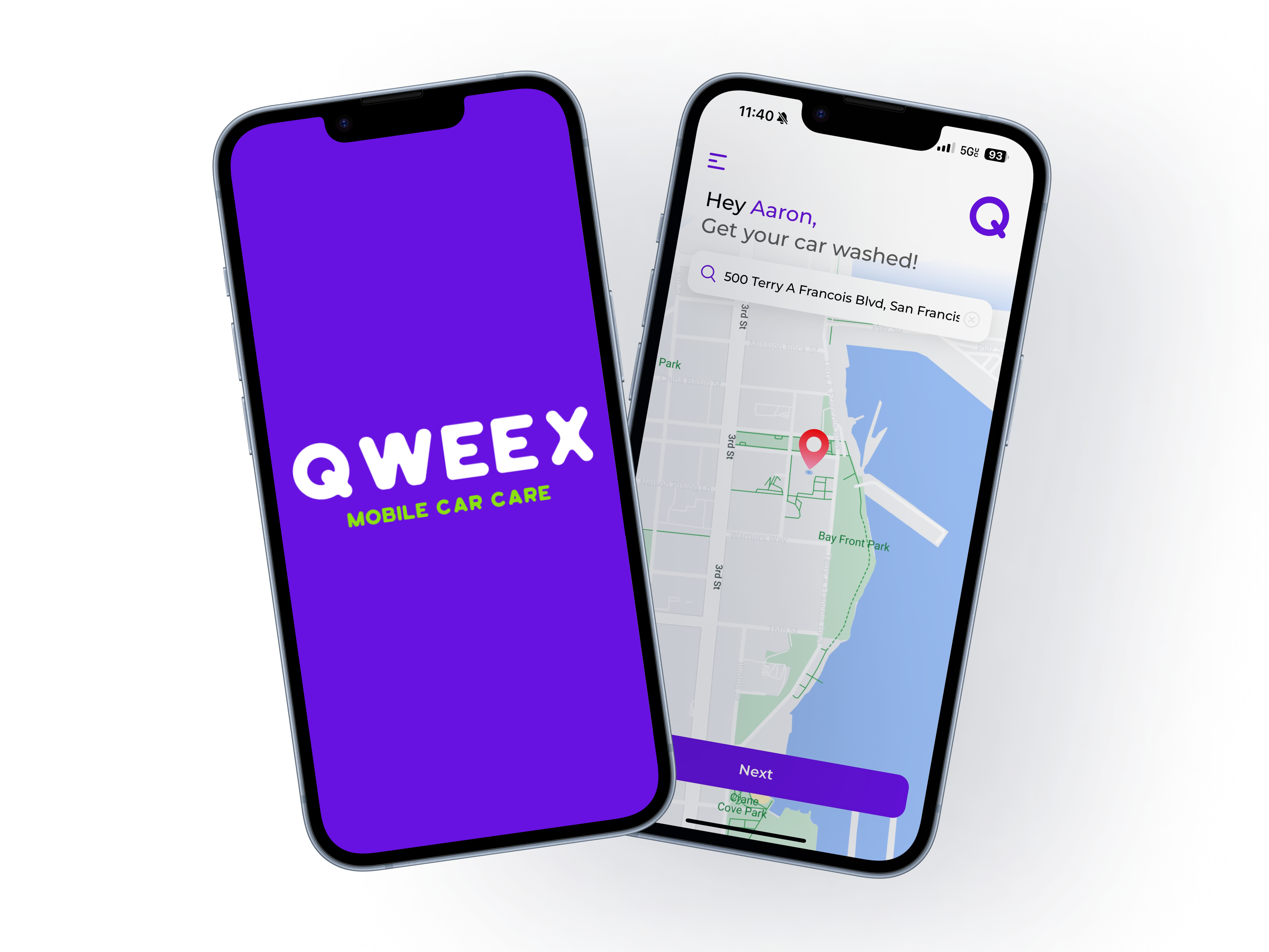 Qweex mobile car wash booking app showing San Francisco service map